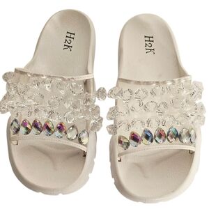 H2K White Iridescent Rhinestone Embellished Slide Sandals Women’s 7